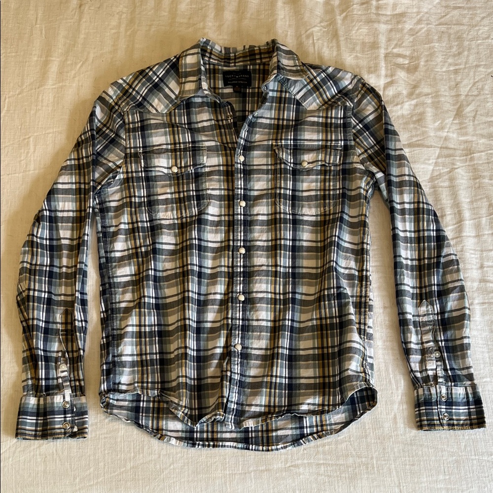 Lucky Brand Men’s Blue/White Plaid Button Down Shirt - Size: M (Runs Small)